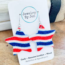 Load image into Gallery viewer, Star Earrings (Large): Red, White &amp; Blue Fine Glitter