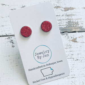 Stud Earrings: Red Fine Glitter