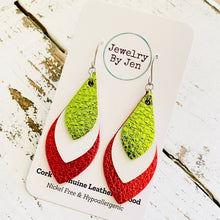 Load image into Gallery viewer, Skinny Teardrop Earrings: Metallic Lime Green/White/Red