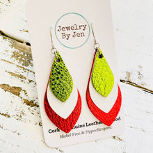 Load image into Gallery viewer, Skinny Teardrop Earrings: Metallic Lime Green/White/Red