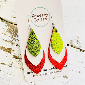 Skinny Teardrop Earrings: Metallic Lime Green/White/Red