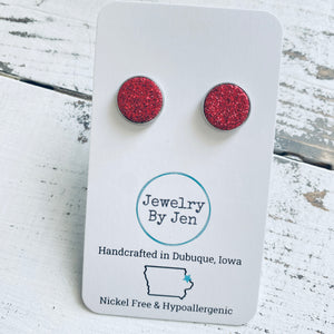 Stud Earrings: Red Fine Glitter