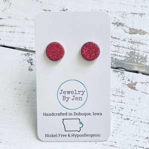 Stud Earrings: Red Fine Glitter