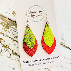 Skinny Teardrop Earrings: Metallic Lime Green & Red