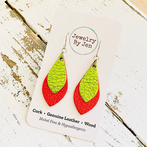 Skinny Teardrop Earrings: Metallic Lime Green & Red