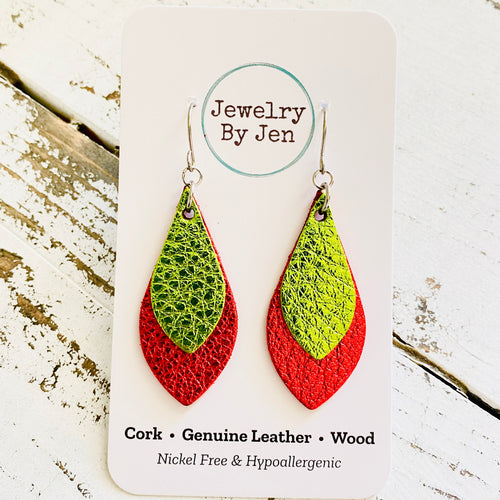 Skinny Teardrop Earrings: Metallic Lime Green & Red