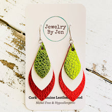 Load image into Gallery viewer, Skinny Teardrop Earrings: Metallic Lime Green/White/Red