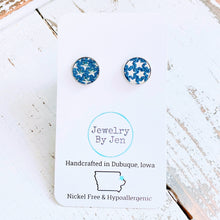 Load image into Gallery viewer, Stud Earrings: Silver Stars on Blue