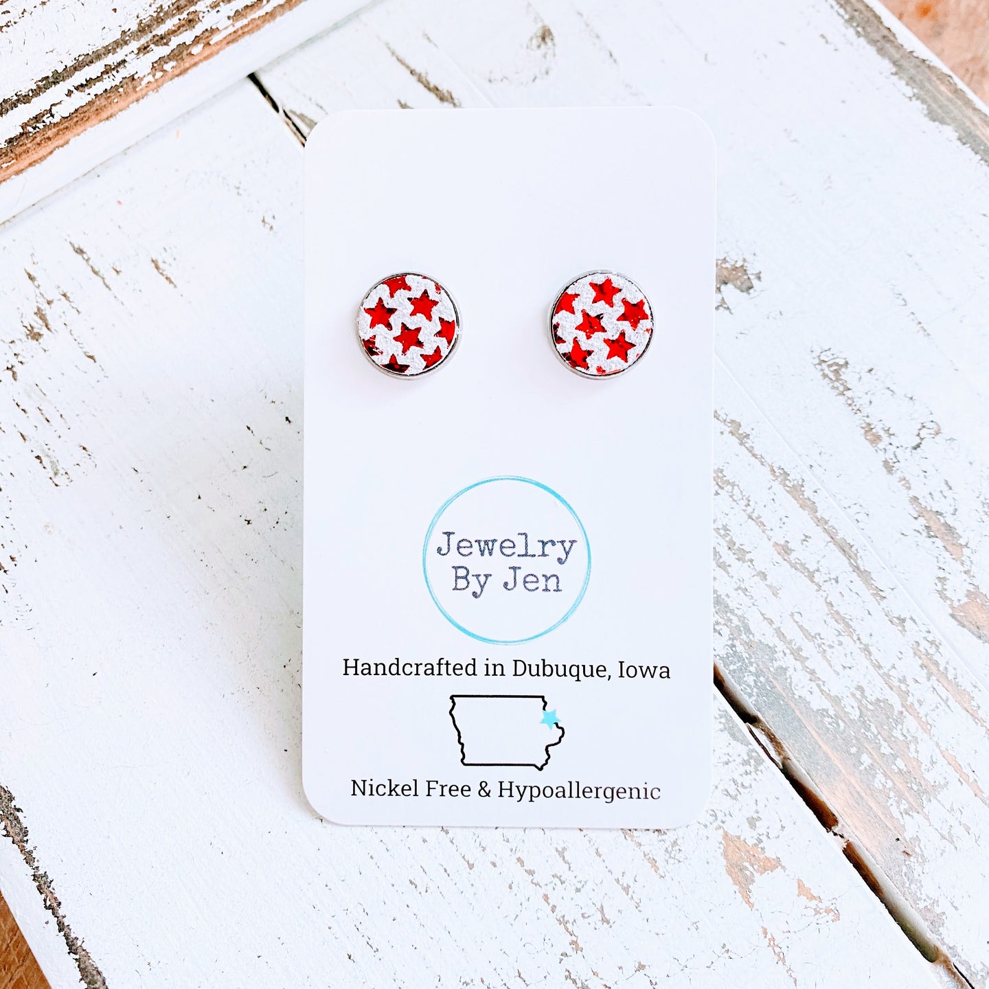 Stud Earrings: Red Stars on White