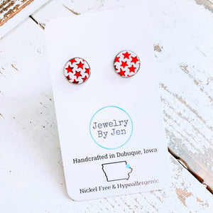 Stud Earrings: Red Stars on White