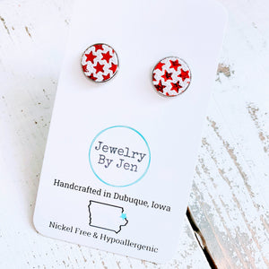 Stud Earrings: Red Stars on White