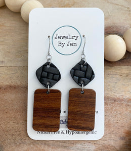 Walnut Rectangle w/Black Weaved Diamond Earrings