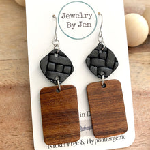 Load image into Gallery viewer, Walnut Rectangle w/Black Weaved Diamond Earrings