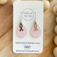 Load image into Gallery viewer, Small Teardrop Earrings: Pink w/Awareness Charm