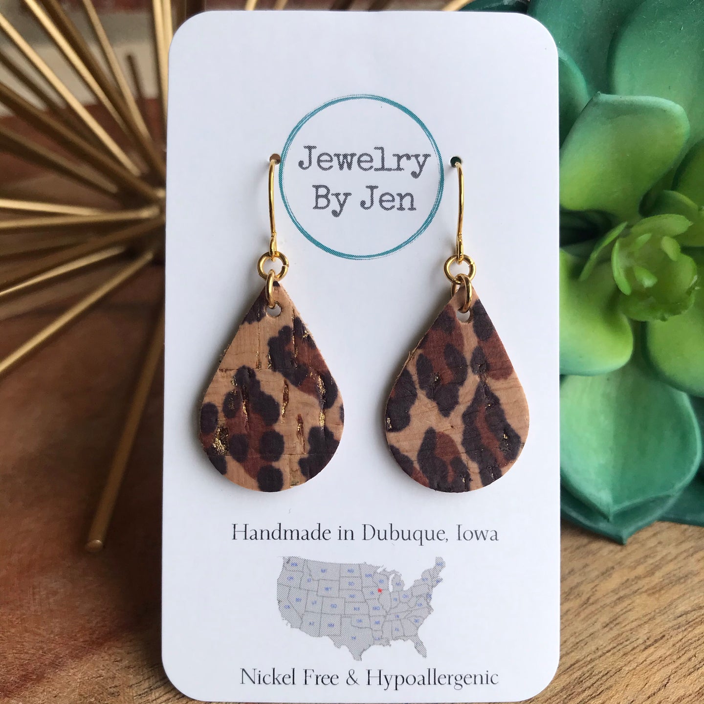 Small Teardrop Earrings: Cheetah Cork